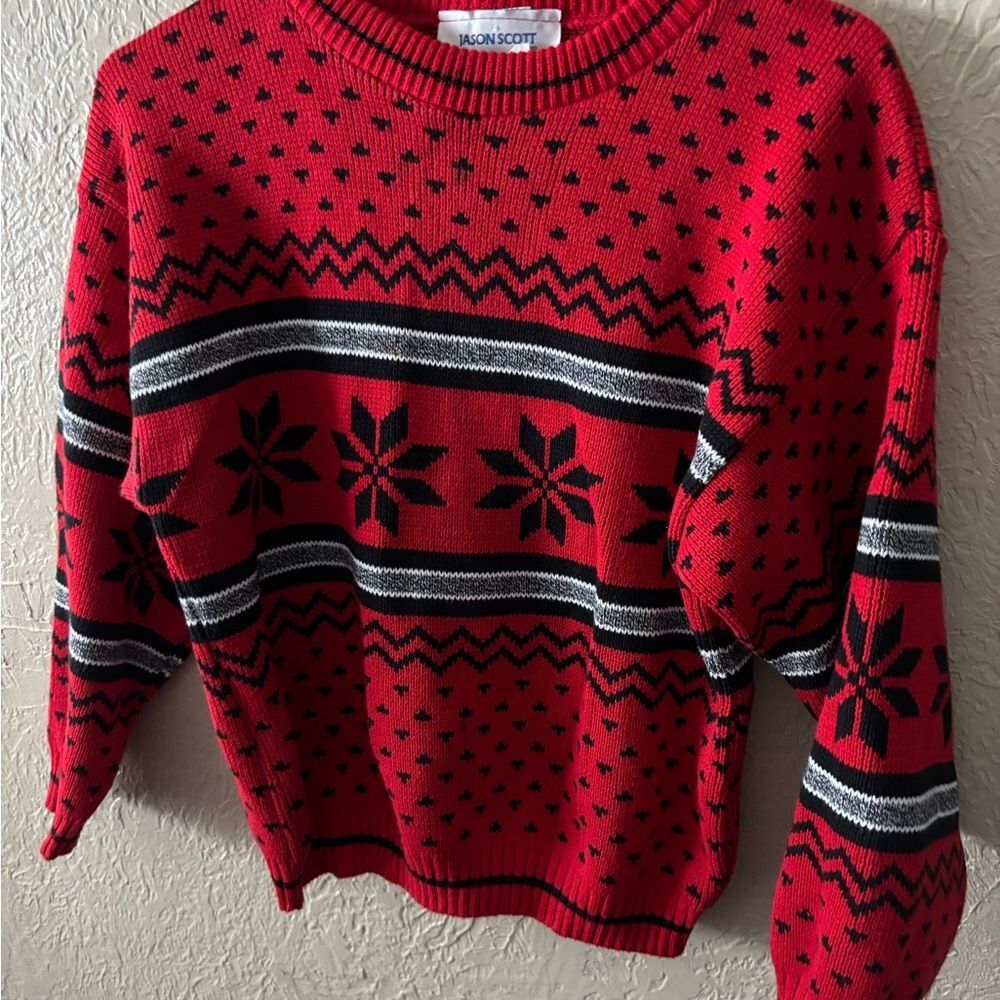 Vintage Red Kids Sweater with Snowflake Pattern
